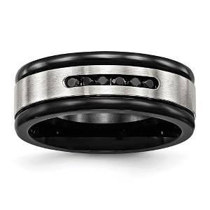 Chisel Stainless Steel Brushed and Polished Black IP-plated and Black Cubic Zirconia 8mm Grooved Band Ring - 1 of 4