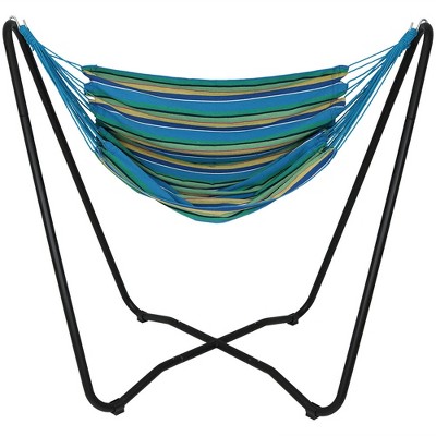 Sunnydaze Hanging Rope Hammock Chair Swing with Space-Saving Stand - 330 lb Weight Capacity - Ocean Breeze