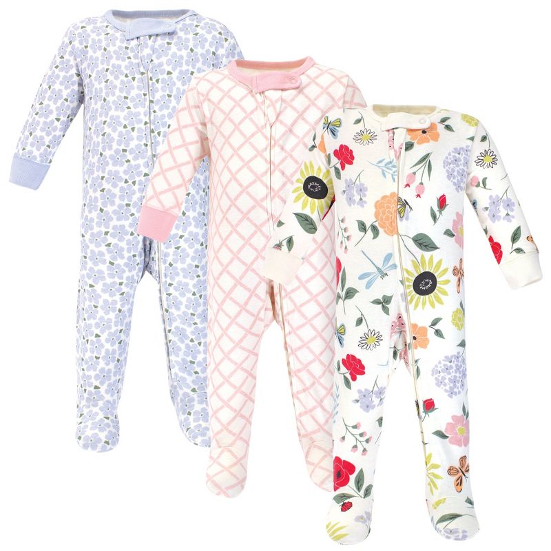 Touched by Nature Baby Girl Organic Cotton Zipper Sleep and Play 3pk, Flutter Garden, 1 of 3