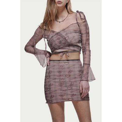 Women's CUPID HEART-PRINT SHEER MESH CROPPED WRAP TOP - ZEMETA