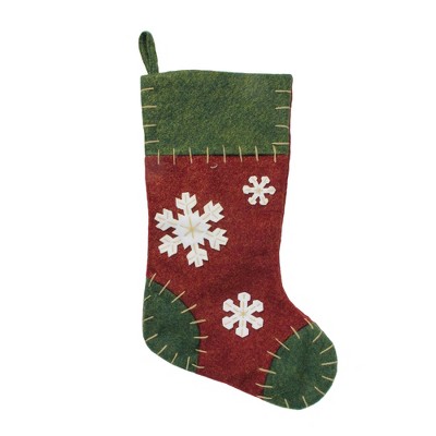 Northlight 20" Green and Red Snowflake Applique Christmas Stocking with Blanket Stitching