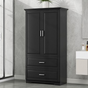 TIRAMISUBEST Tall Bathroom Storage Cabinet, Cabinet with Two Doors and Drawers, Adjustable Shelf, MDF Board, Black - 1 of 4
