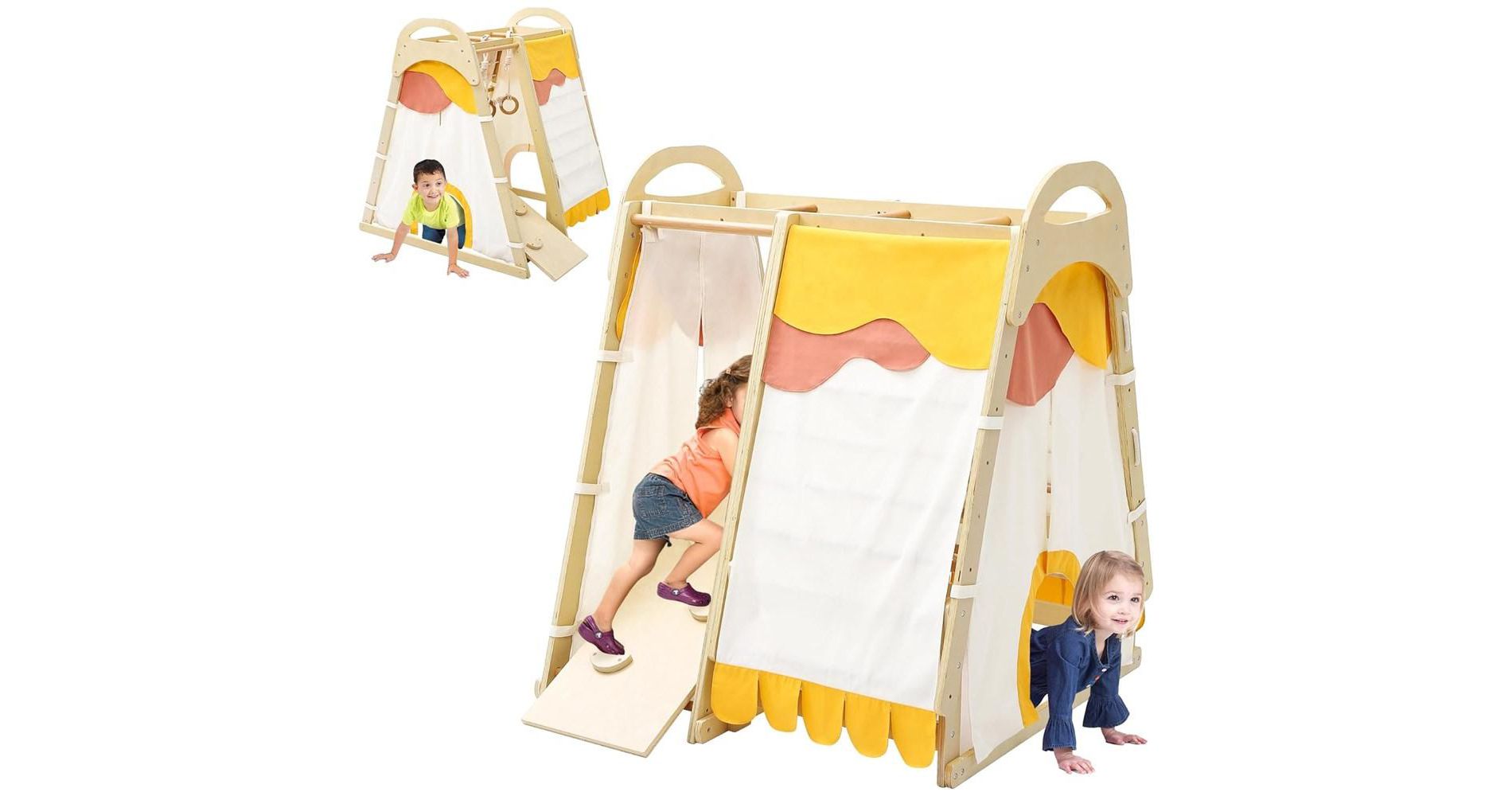 Toddler 7-in-1 Indoor Wooden Climbing Frame Toy Set Climbing Structure with Tent Railing Slide,for Boys and Girls