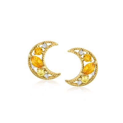 Ross-Simons 0.29 ct. t.w. Citrine and .10 ct. t.w. Yellow Sapphire Moon Earrings With Diamonds in 18kt Gold Over Sterling
