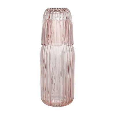 Elle Decor Ribbed Bedside Water Carafe with Tumbler Set, Ribbed Glass Pitcher and Matching Drinking Glass Doubles as Lid, 39-Ounce