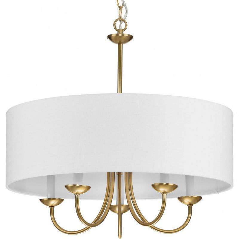 Progress Lighting, Drum Shade Collection, 5-Light Chandelier, Brushed Bronze, White Textured Fabric Shade, Material: Steel, 1 of 2