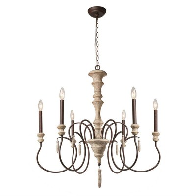 LNC Lupus 6-Lights 31" French Country/Cottage Candle Chandelier,Disressed White Wood and Bronze
