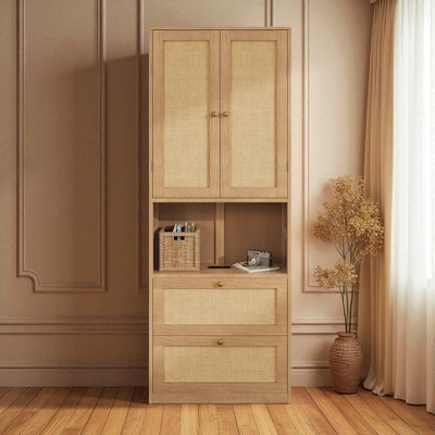 Tall Rattan Storage Cabinet with 2 Doors, 3 Drawers and Open Shelves, BookShelf, Pine Wood Storage Cabinet with USB Port for Living Room, Bedroom