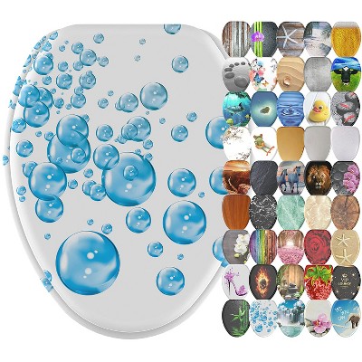 Sanilo 361 Elongated Molded Wood Toilet Seat with No Slam, Slow, Soft Close Lid, Stainless Steel Hinges, Unique Fun Decorative Design, Water Bubbles