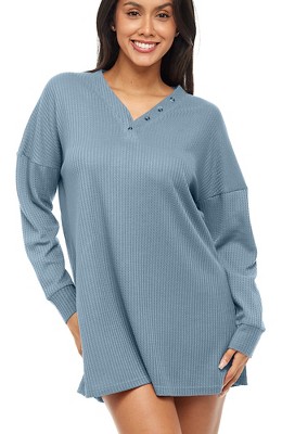 Adr Women's Long Sleeve Oversized Ribbed Knit Nightshirt, V-neck ...