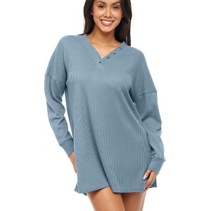 ADR Women's Pajamas Set, Soft Ribbed Knit Waffle Oversized Sleep Shirt, V-neck Nightshirt Sweater Top - 1 of 4