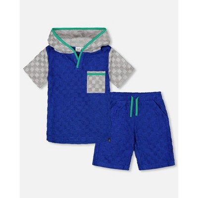 Deux par Deux Boy Printed Hooded Terry Top and Shorts Set Blue and Gray