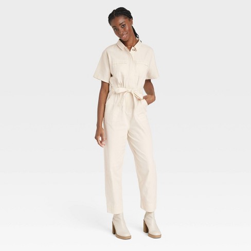 Women's Short Sleeve Button-front Boilersuit - Universal Thread™ Cream 0 :  Target