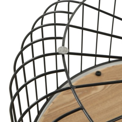 Natural Wood Round Coffee Table with Black Metal Wire Base