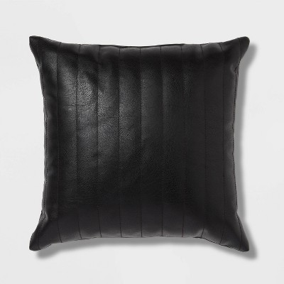 Square Faux Leather Channel Stitch Decorative Throw Pillow Black - Threshold™