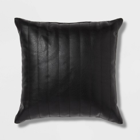 Square Faux Leather Channel Stitch Decorative Throw Pillow Black Threshold