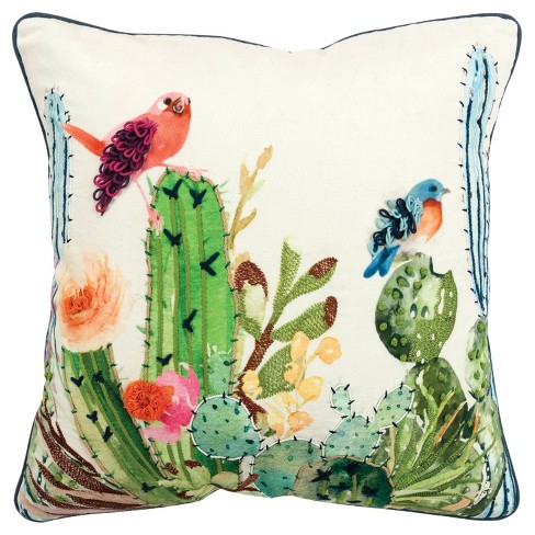 20 x20 Oversize Cactus Birds Poly Filled Square Throw Pillow Rizzy Home Embroidered Indoor Decorative Target