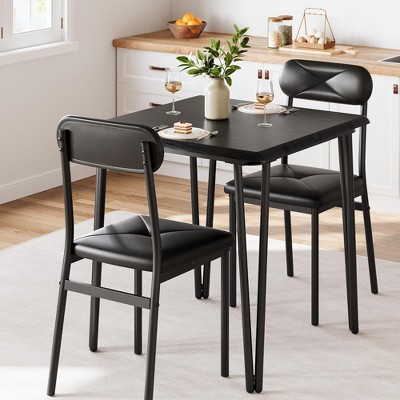 Dining Table Set for 2 With Grey Wood Grain – Spacious Square Table With Rounded Corners and 2 Upholstered Chairs