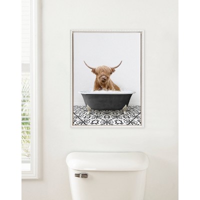 18" x 24" White Framed Canvas Print of Highland Cow in Bathtub