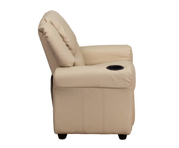 Contemporary Kids Recliner with Cup Holder and Headrest Vinyl Beige - Riverstone Furniture