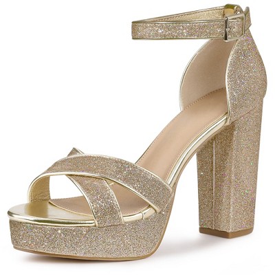 Perphy Women's Glitter Crisscross Strap Chunky Platform Heels