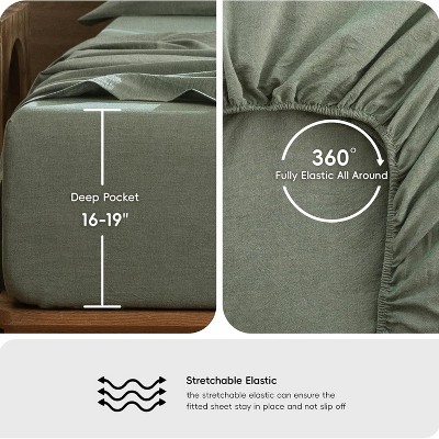 Der Rose BALHAM TRADE-Queen 100% Washed Cotton Linen Like Bedding Sheet Set Breathable Durable Soft Comfy Heathered Sage Green-Queen 90"x102" — фото 4