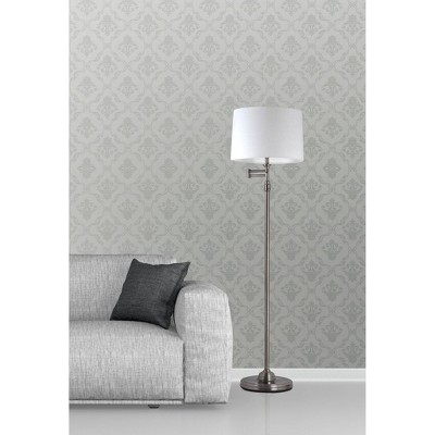 Aaron 57" Adjustable Swing Arm Floor Lamp in Silver with Linen Shade