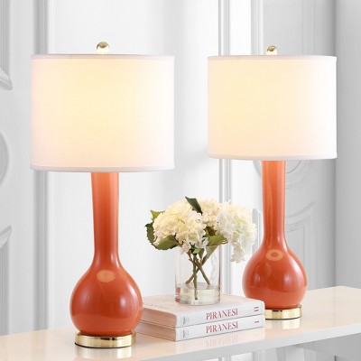 Mae Blood Orange Ceramic Long Neck Table Lamp Set with White Shades