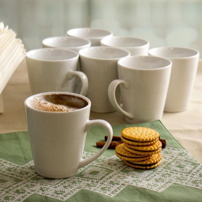 White Geometric Ceramic 12 oz Beverage Mug Set, 8 Pieces