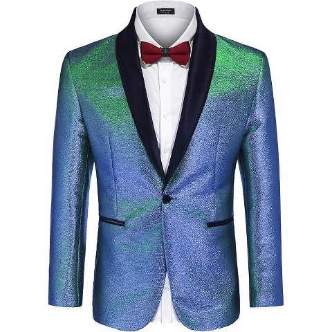 COOFANDY Men's Tuxedo Jacket Slim Fit Shawl Lapel Blazer One Button Suit Jackets for Party Prom Wedding Dinner Shiny Blue XL