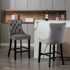 Velvet Upholstered Button-Tufted Bar Stools with Wooden Legs and Nailhead Trim, Set of 2 for Dining Room, Kitchen Island - 1 of 4
