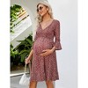 Women's Maternity Fall Casual Smocked 3/4 Long Sleeve Boho Dress V Neck Flowy Ruffle Midi Dress Baby Shower Photoshoot - 3 of 4