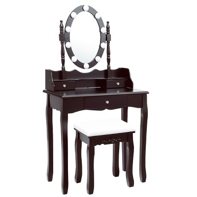 Tangkula Mirrored Vanity Table Set Lighted Makeup Dresser w/ Drawers