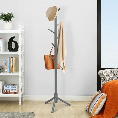 Gray Rubber Wood Adjustable Height Coat Rack with 8 Hooks