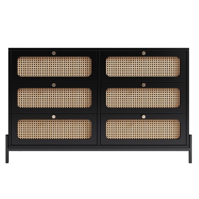 VYNXARIA Stylish Solution for Every Room: Modern Cannage Rattan 6 - Drawer Black Dresser Cabinet