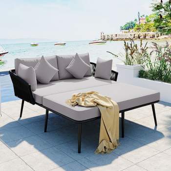 Modern Outdoor Patio Daybed, Woven Nylon Rope Backrest with Washable Cushions for 2-Person - Maison Boucle