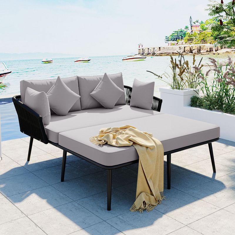 Outdoor Patio Loveseat Daybed, Woven Nylon Rope Backrest with Washable Cushions-ModernLuxe, 2 of 16