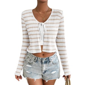 Clearlove Women's V-Neck Striped Tie Front Cardigan Lightweight Knit Cover Up Casual Loose Top - 1 of 2