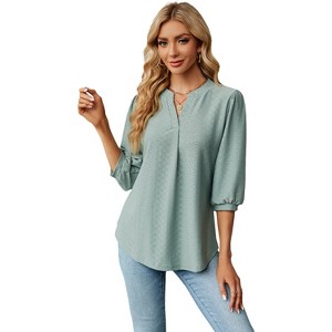 Women Summer Fall Casual 3/4 Long Sleeve Kint Shirt V Neck Solid Color Loose Fit T-Shirt Top Blouse - 1 of 4