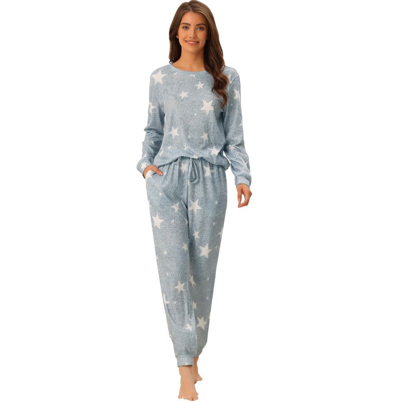 cheibear Women's Kint Long Sleeve Sleepshirt with Long Pants Printed Pattern 2 Pieces Pajama Sets, 1 of 7