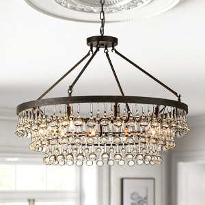 Rennnsan Cavelle 31" W 10 - Light Tiered Beaded Drop Wagon Wheel Glass Modern Glam Dimmable Chandelier in Black - 1 of 4
