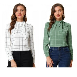 INSPIRE CHIC Women's Bow Tie Neck Keyhole Back Grid Checks Office Work Blouses 2 Packs - 1 of 4