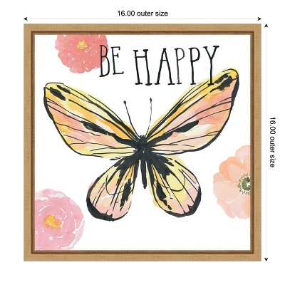 Be Happy Pastel Yellow and Pink Butterfly Canvas Print with Brown Frame