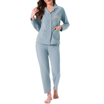 INSPIRE CHIC Women's Lounge Set Cotton Ribbed Button Up Long Sleeve Pants Pattern with Pocket Pajama Set Loungewear