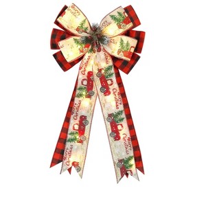 Aoibox Christmas Tree Topper Bow with 30 LED Lights 13x25 Inch Red Black Buffalo Plaid Rustic Wreath Bow with Pine Cones 1 Piece - 1 of 4