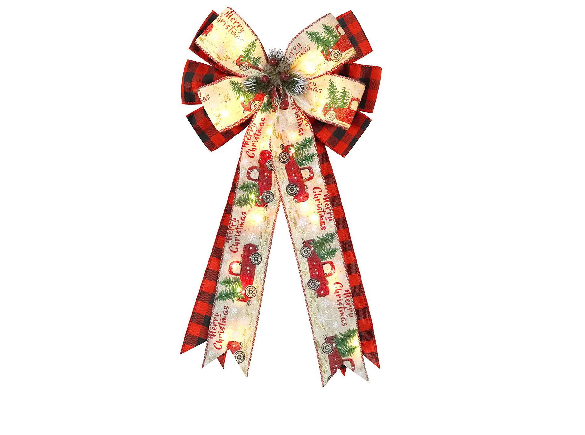 Aoibox Christmas Tree Topper Bow with 30 LED Lights 13x25 Inch Red Black Buffalo Plaid Rustic Wreath Bow with Pine Cones 1 Piece