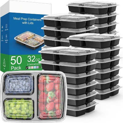 50-Pack 32oz 3-Compartment Meal Prep Containers, Reusable, Leakproof, Black