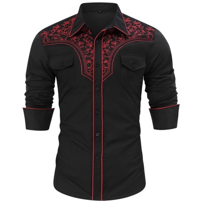 Men's Western Cowboy Shirt Long Sleeve Embroidered Shirt Slim Fit Cotton Casual Button Down Shirt