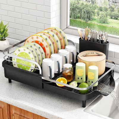 Attop Expandable Dish Rack, Rust-Resistant Dish Drainer with Utensil Holder and Raised Guardrail, Kitchen Organizer for Cup and Bottle (Black)