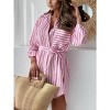 Coolmee Women's Striped Print Button-Up Shirt Casual Boho Belted Long Sleeve Boyfriend Blouse Tops with Pockets - 3 of 4